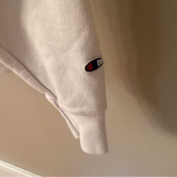 CHAMPION REVERSE WEAVE HOODIE CHENILLE SPELLOUT WHITE USA Vtg 90s Large - Picture 5 of 8